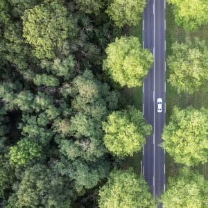Vue aérienne par drone d’une route traversant une forêt – Fromentin Julien Photographie
